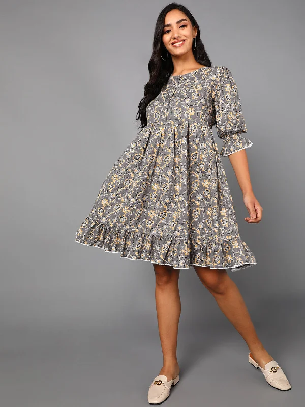 Women's Taupe Cotton Floral Printed Dress  - Ahika