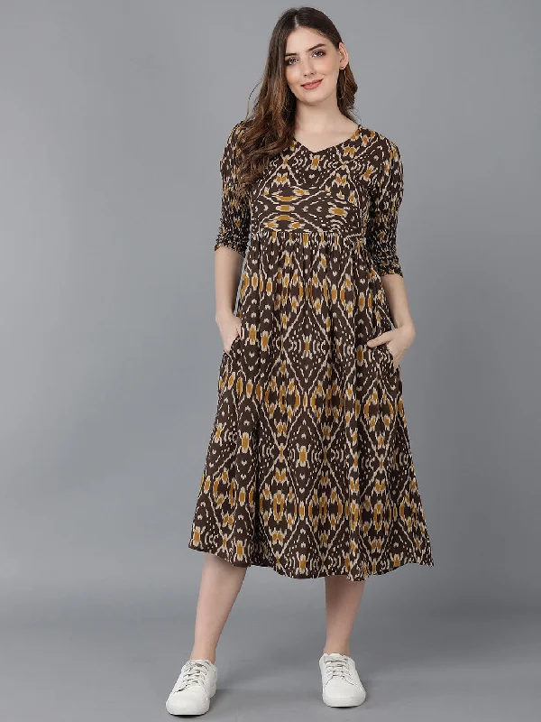 Women's Brown Cotton Geometric Printed Dress  - Ahika