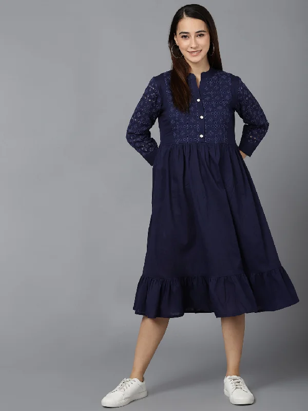 Women's Navy Blue Cotton Solid Printed Dress  - Ahika