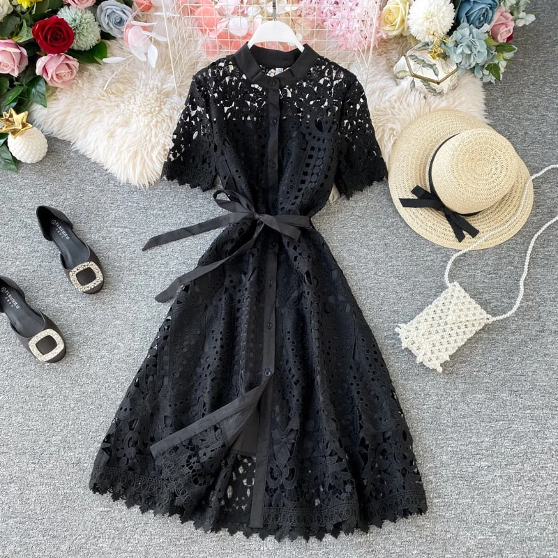 Sixsr Women Elegant Hollow Out Lace Dress Office Lady Summer Solid O-Neck Button up Sashes Midi Dress Female Chic Short Sleeve Dress