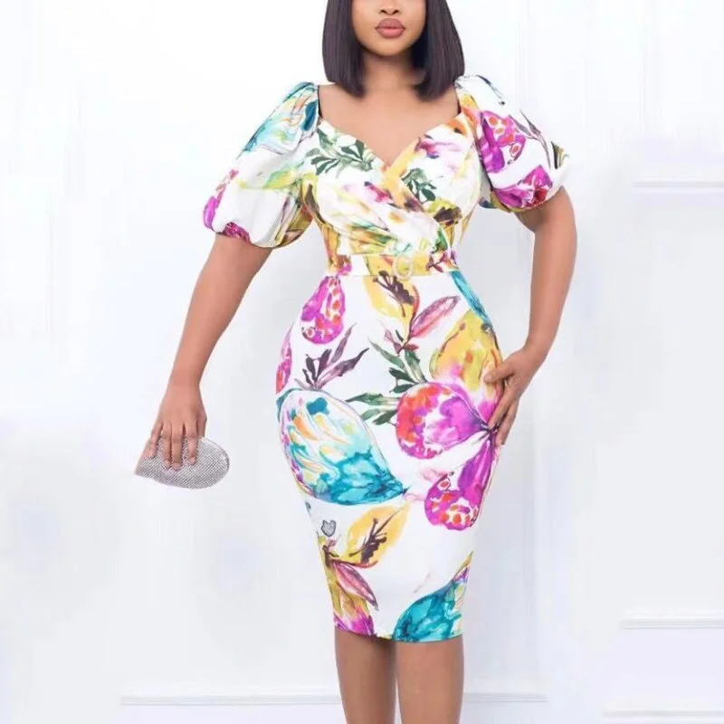 Women Summer Printed Bodycon Dresses Puff Short Sleeve Wrapped High Waist Fitted Midi Dress with Belt Office Party Clothes