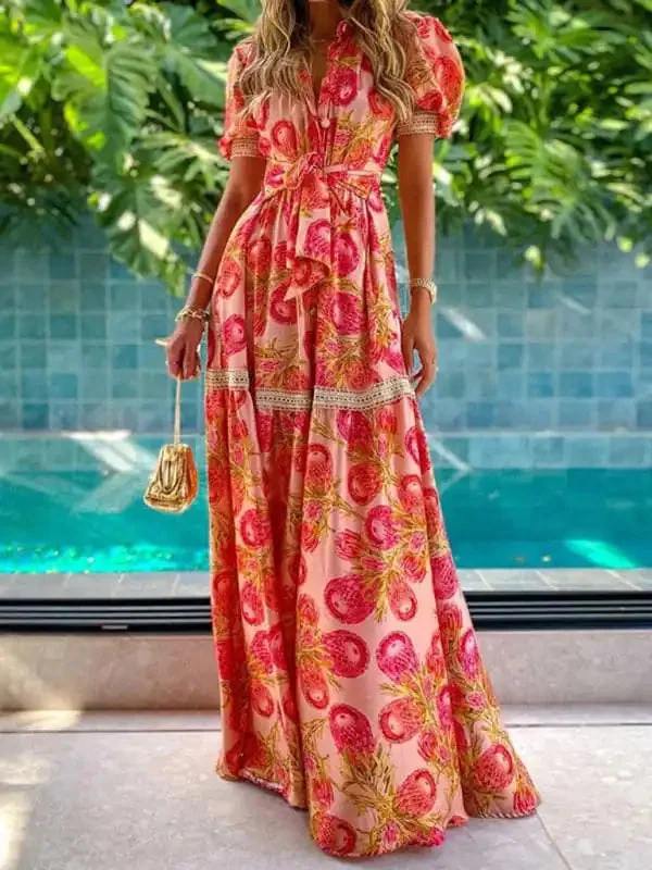 Women’s Floral Print Puff-sleeve Maxi Shirtdress