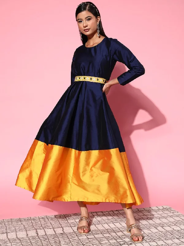 Women's Navy Contrast Border Anarkali Maxi Dress - Lyush