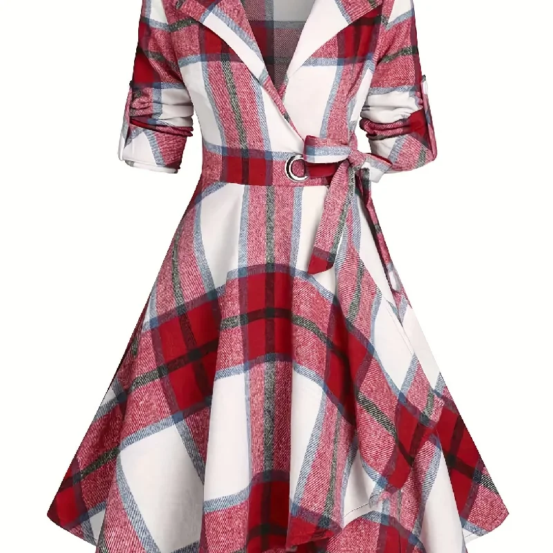 Women's Plus Size Plaid Print Dress with Roll-Up Sleeves, Lapel Collar, and Belted Waist - Comfortable and Stylish