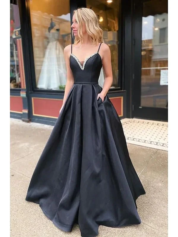 Black Satin Sleeveless V Neck Backless with Beading and Pocket Fromal Prom Dress,DP408 Floral unclassified dresses