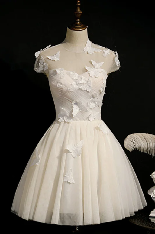 Ivory Pleated Illusion Neck Butterflies Homecoming Dress Embroidered unclassified dresses